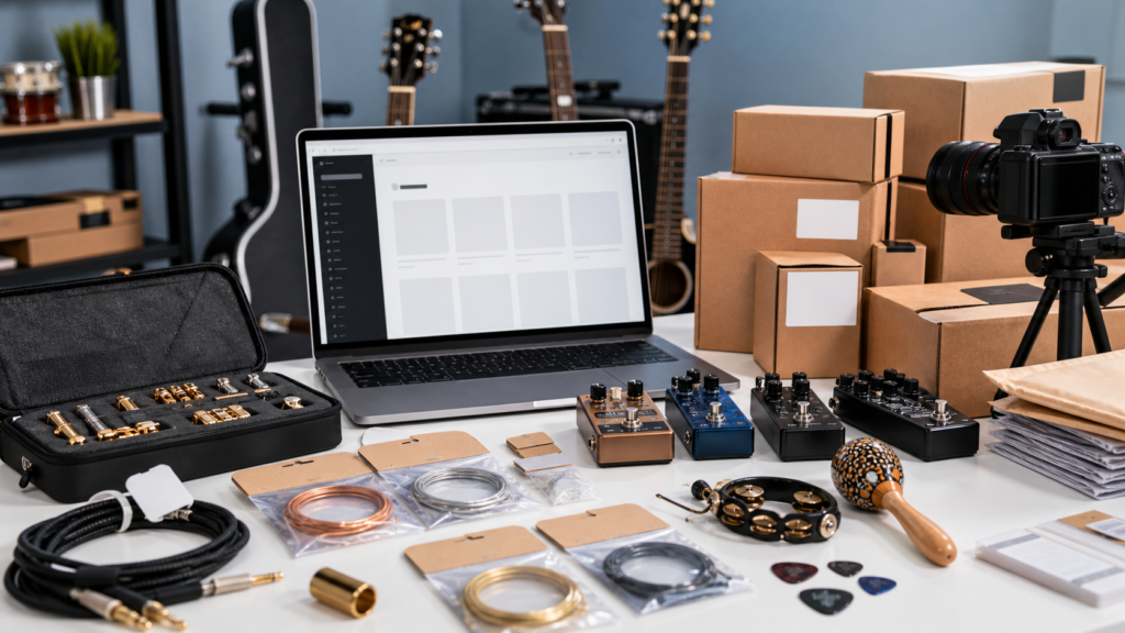 Music marketplace vendor desk with product photography laptop and shipping boxes