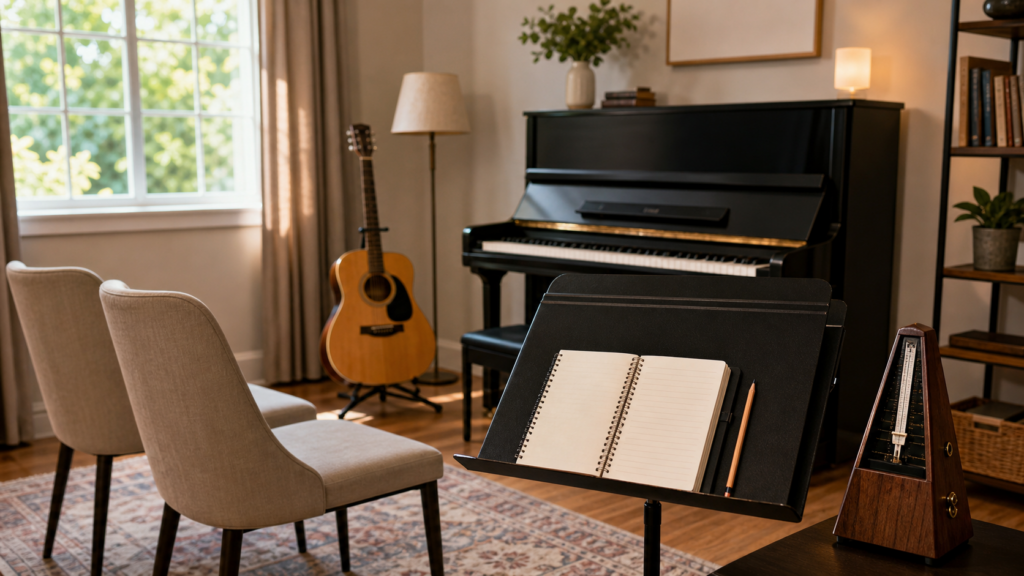 Private music lesson studio with piano guitar music stand and notebook