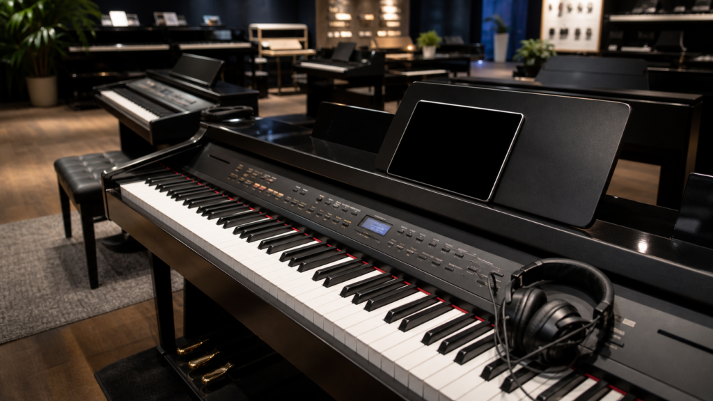 Digital piano showroom with keyboard controls and headphones