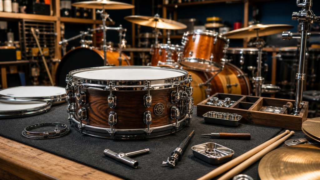 Drum technician bench with snare drum tuning tools and percussion hardware