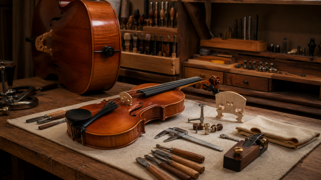 Luthier workbench with violin cello and setup repair tools