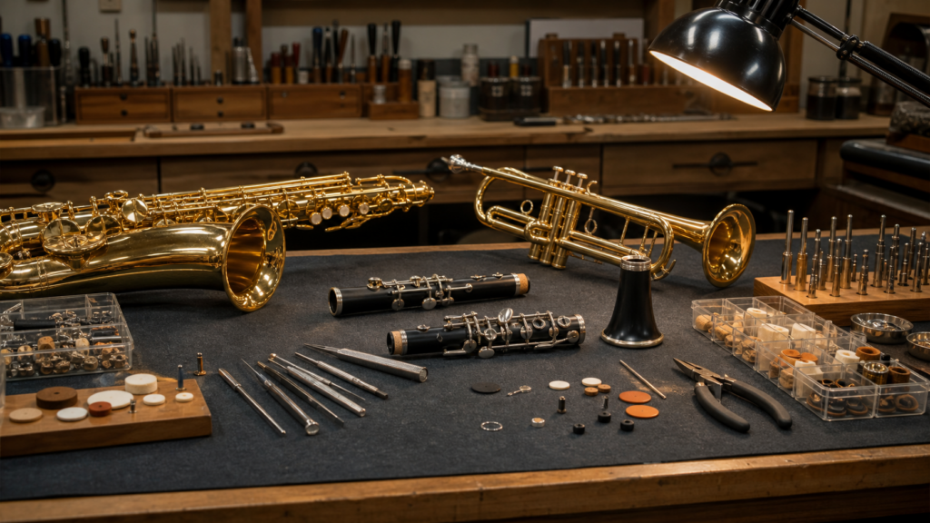 Band instrument repair bench with saxophone trumpet clarinet and tools