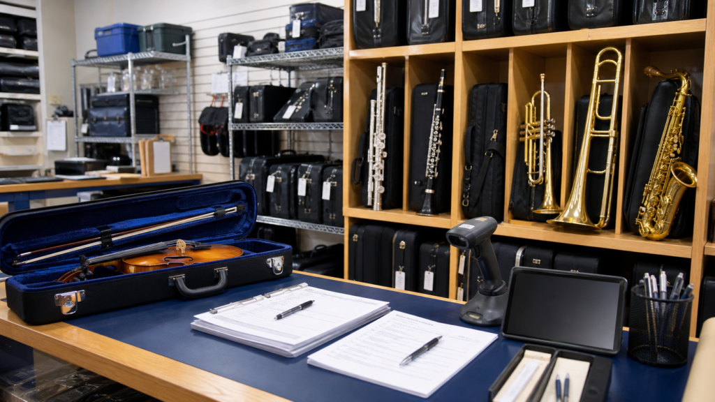 Band and orchestra rental inventory desk with instrument cases
