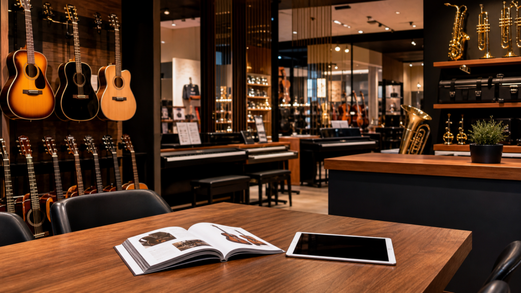 Music store showroom with instruments for sales consultant training